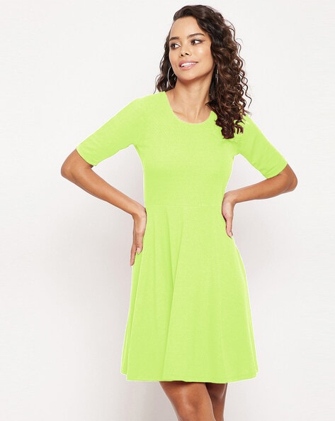 Green Round Neck Flared Dress