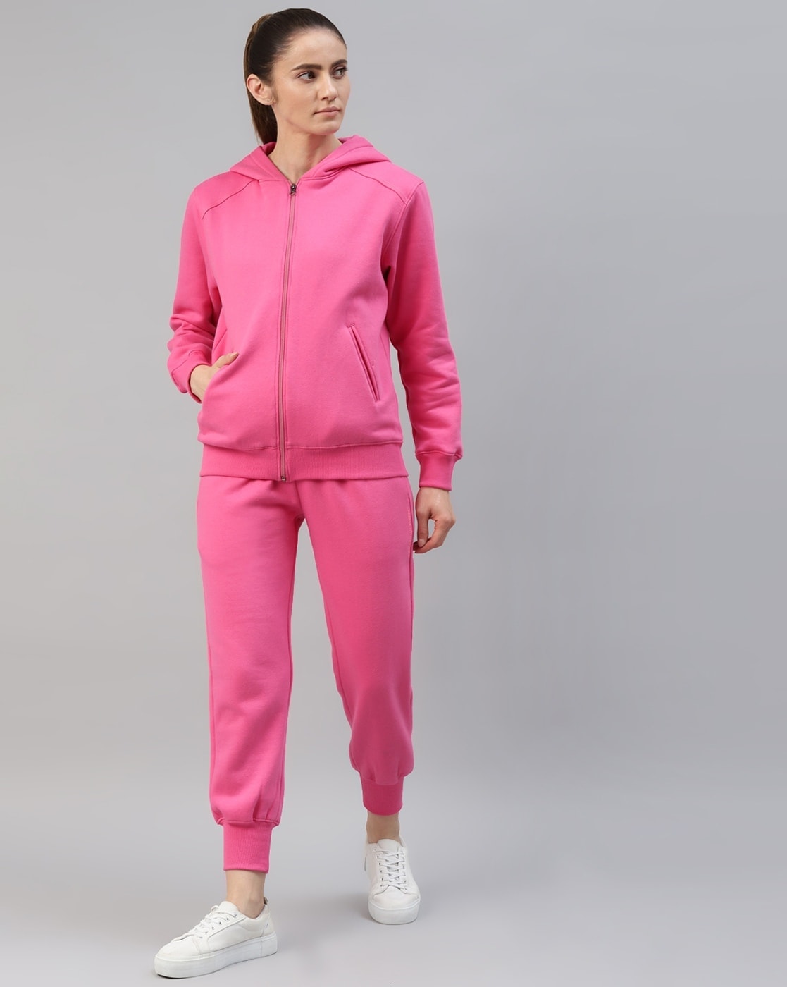 Pink Sweatsuit Set, Casual Zipper Sweater