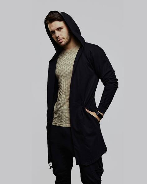 Long Hooded Open Edge Cardigan Black Cardigan With Hoodie Buy