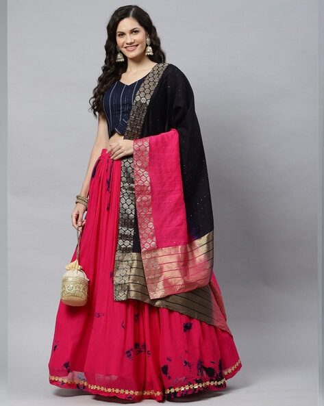 Black Stitched Handcrafted Kota Silk Lehenga With Pink Bandhani Dupatt –  Geroo Jaipur