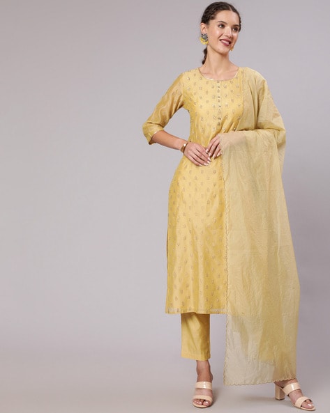 Light Mustard Colour Beads work Cotton Kurti