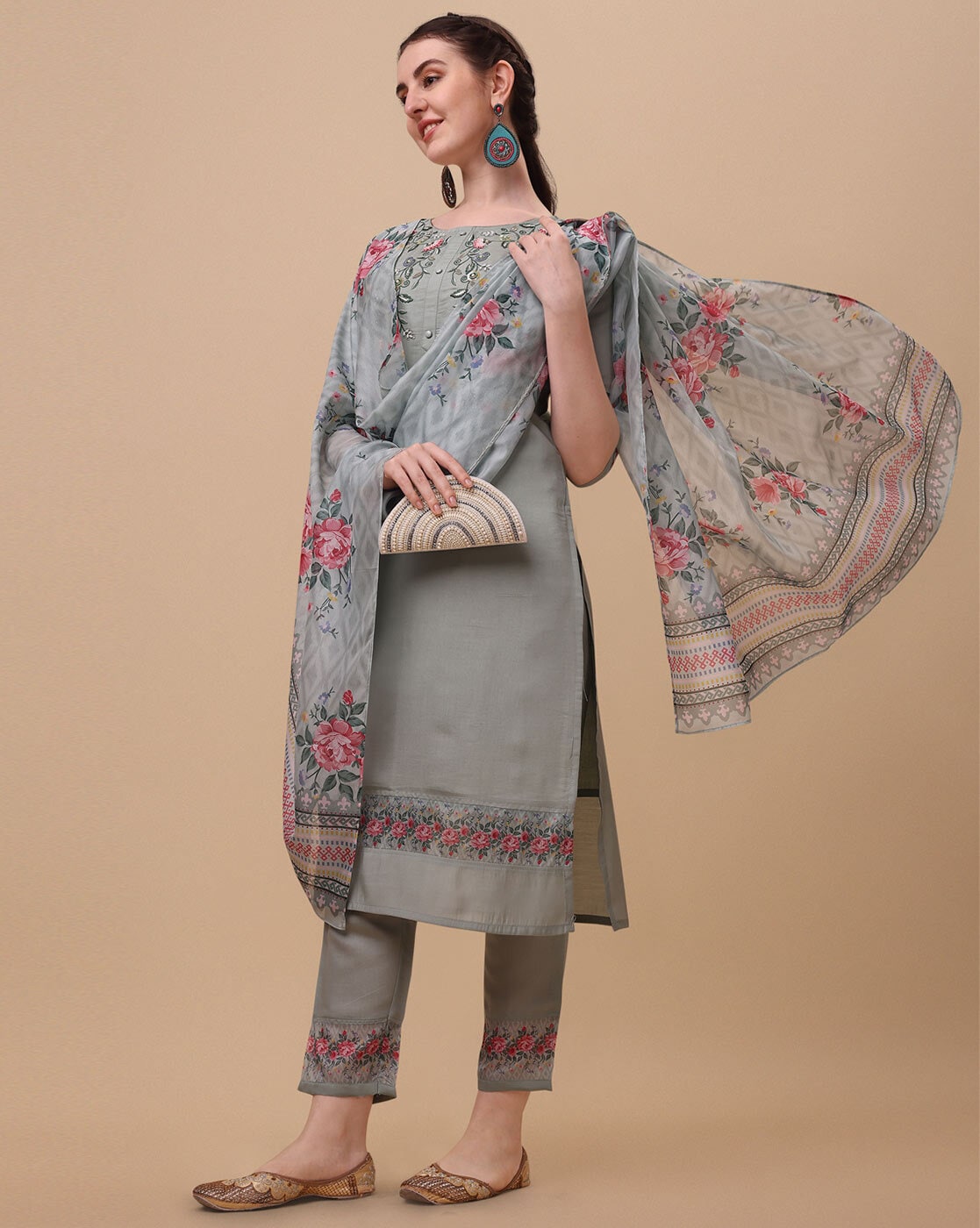 Buy Green Embroidered Mughal Print Kurta Trousers Set Online  Aurelia