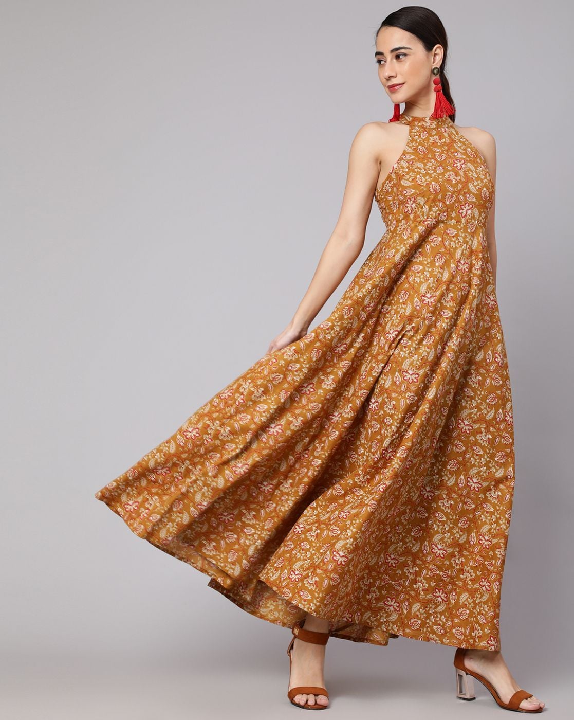 Aks mustard yellow printed hotsell maxi dress