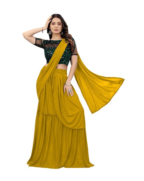 Yellow Hand Embroidered Pre-Stitched Saree Set Design by Sana Barreja at  Pernia's Pop Up Shop 2024