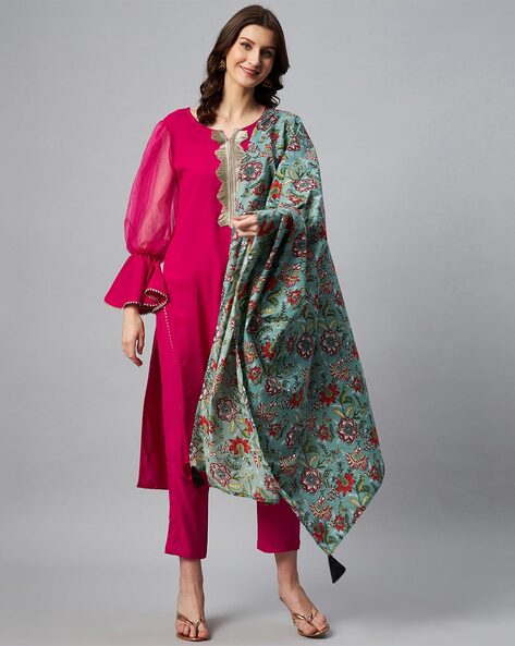 Plain suit with printed dupatta online sale