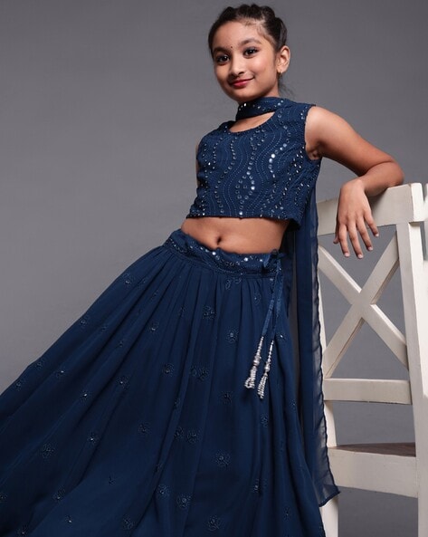 Blue Color Engaging Kids Lehenga With Lucknowi Work