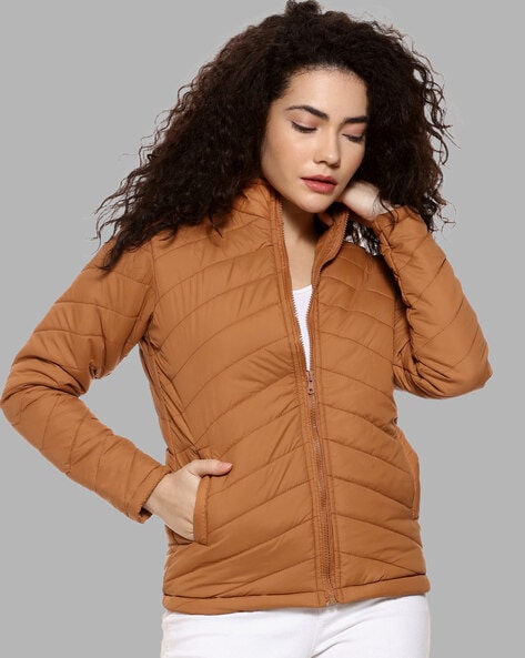 Buy Campus Sutra Women's Peach & Black Zip-Front Jacket With Quilted  Details For Casual Wear | High Neck | Long Sleeve | Zipper Closure | Cotton  Jacket Crafted With Comfort Fit For