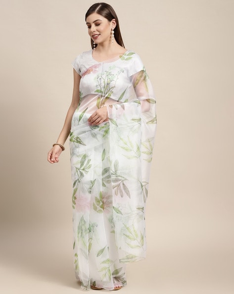 Buy NH TEX Floral Print Bollywood Organza White Sarees Online @ Best Price  In India | Flipkart.com