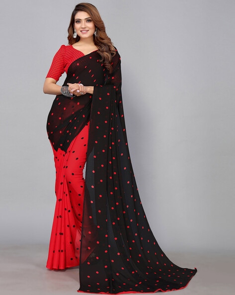 Mul Cotton Red Printed Polka Dot Saree|Good OL Barns|Suta