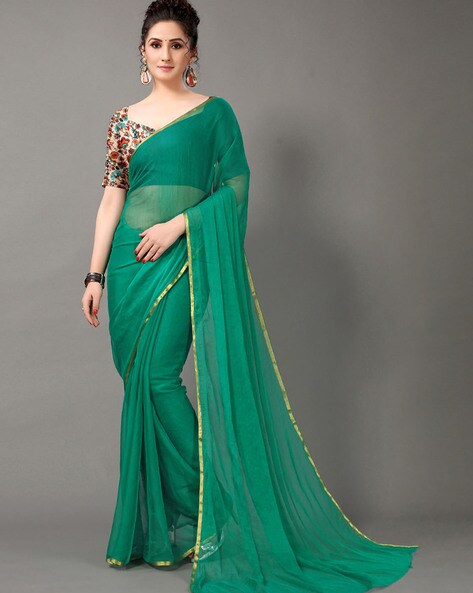 Thread Work Green Contemporary Saree | Chiffon saree, Saree designs, Peach  blouse