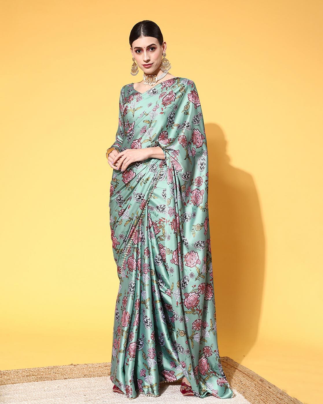 Sky Blue Floral Chiffon Printed Saree