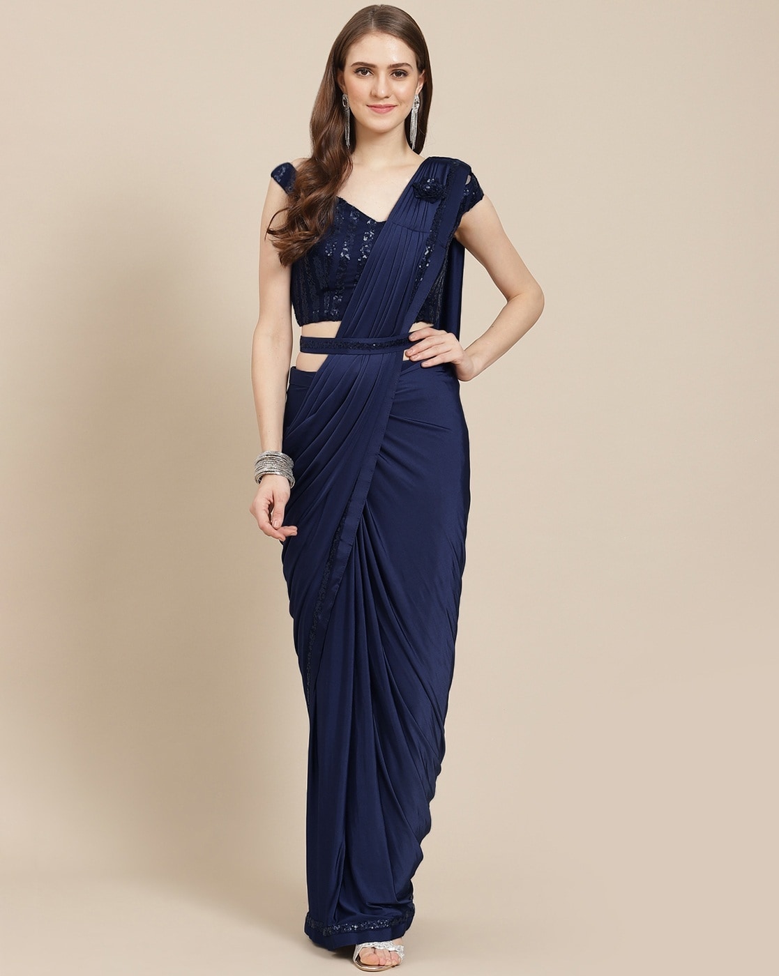 Blakish Lycra Pre Stitched Saree with Brooch in Warangal at best price by  Maa Shipra Creation - Justdial