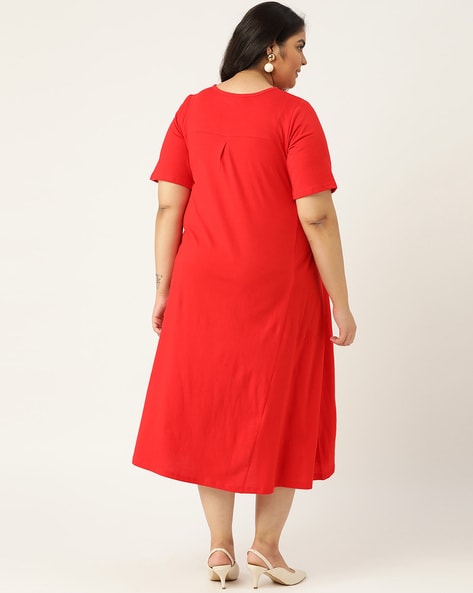 Therebelinme Cotton V-Neck A-Line Dress For Women (Red, 6XL)