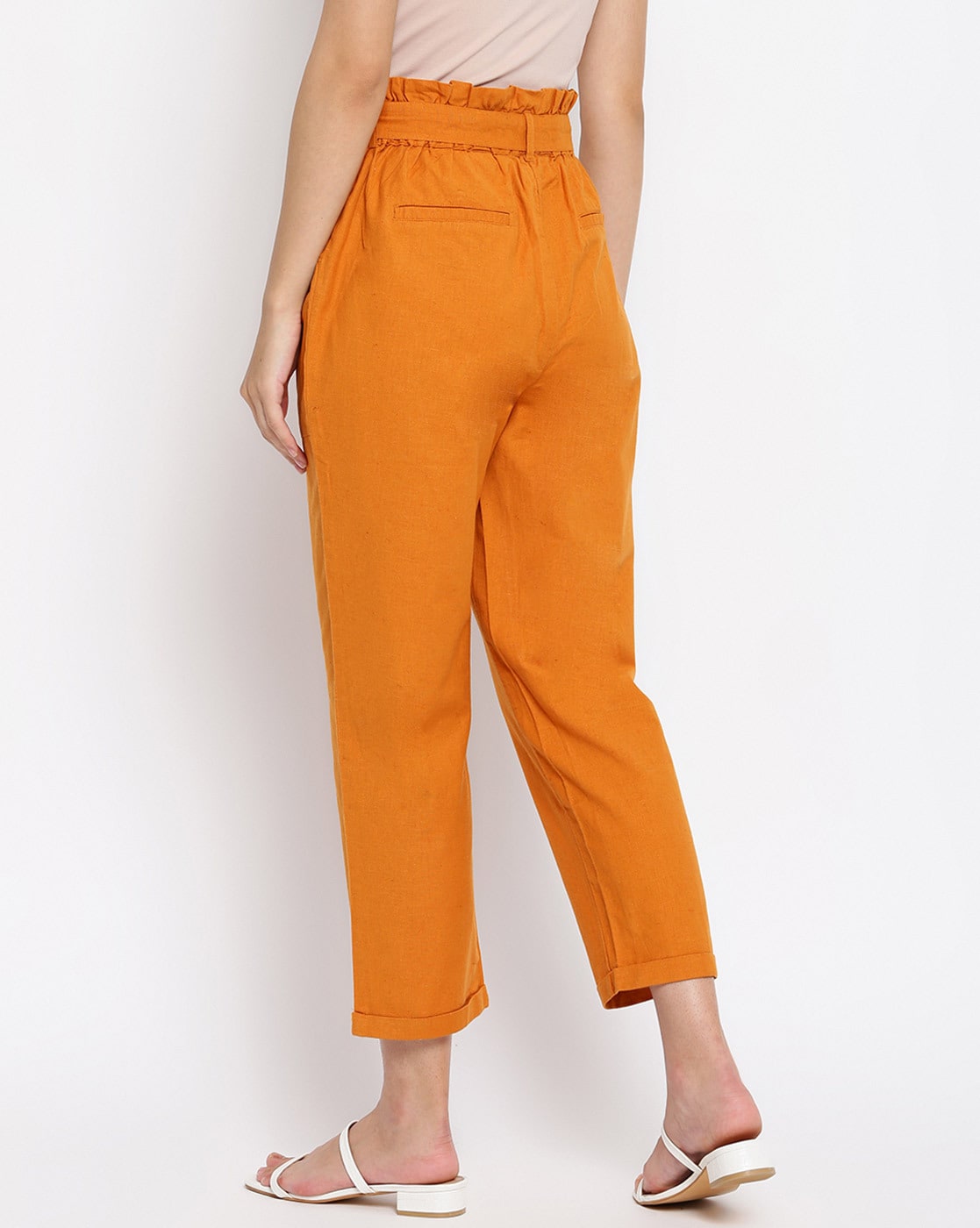 Buy FEMELLA Lemon Yellow Paperbag Pants Yellow 100% Rayon Regular Maxi  Solid Button Detail Pants at Amazon.in