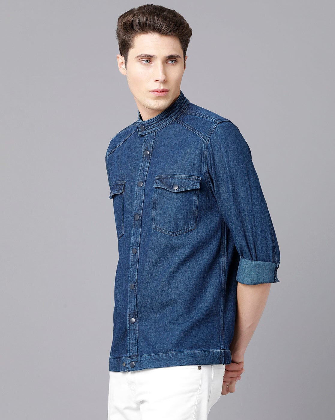 Urbano Fashion Men's Light Blue Denim Mandarin Collar Shirt (shirt-icewashden-lblu-38-fba)  : Amazon.in: Clothing & Accessories