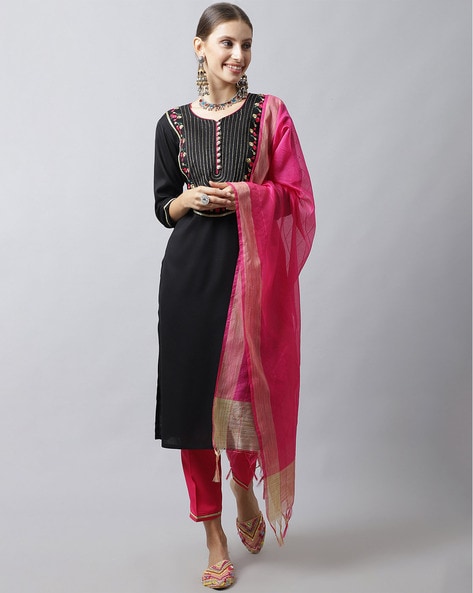 Salwar Suits : Beautiful black cotton dress with pink pearl ...