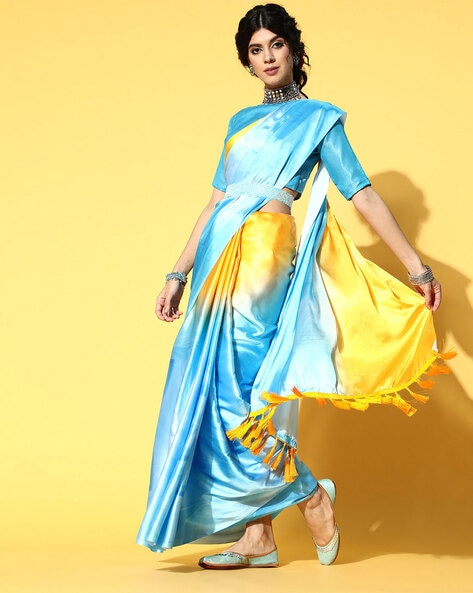 Beautiful Blue and Yellow Bagru Handblock Print Cotton Mulmul Saree with  Blouse