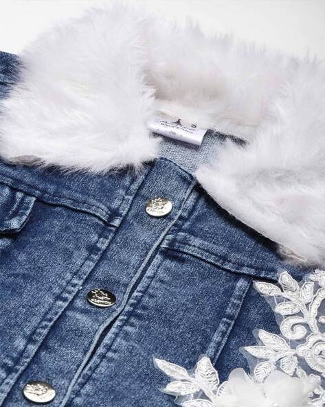 NWT GUESS Mia fur collar long denim jacket,light blue wash,sz.XS/S | eBay