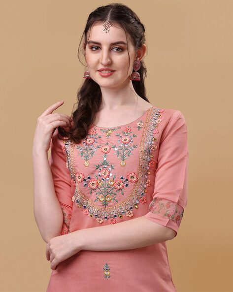 Peach Cotton Straight Kurta pant Suit and cute flowers embroidery dupatta -  VJV Now - India