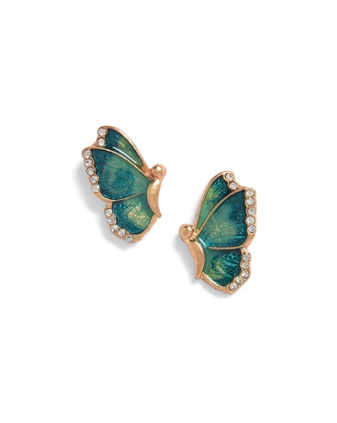 Gold Tone Blue Fabric Butterfly Earrings - 1XC5ZA