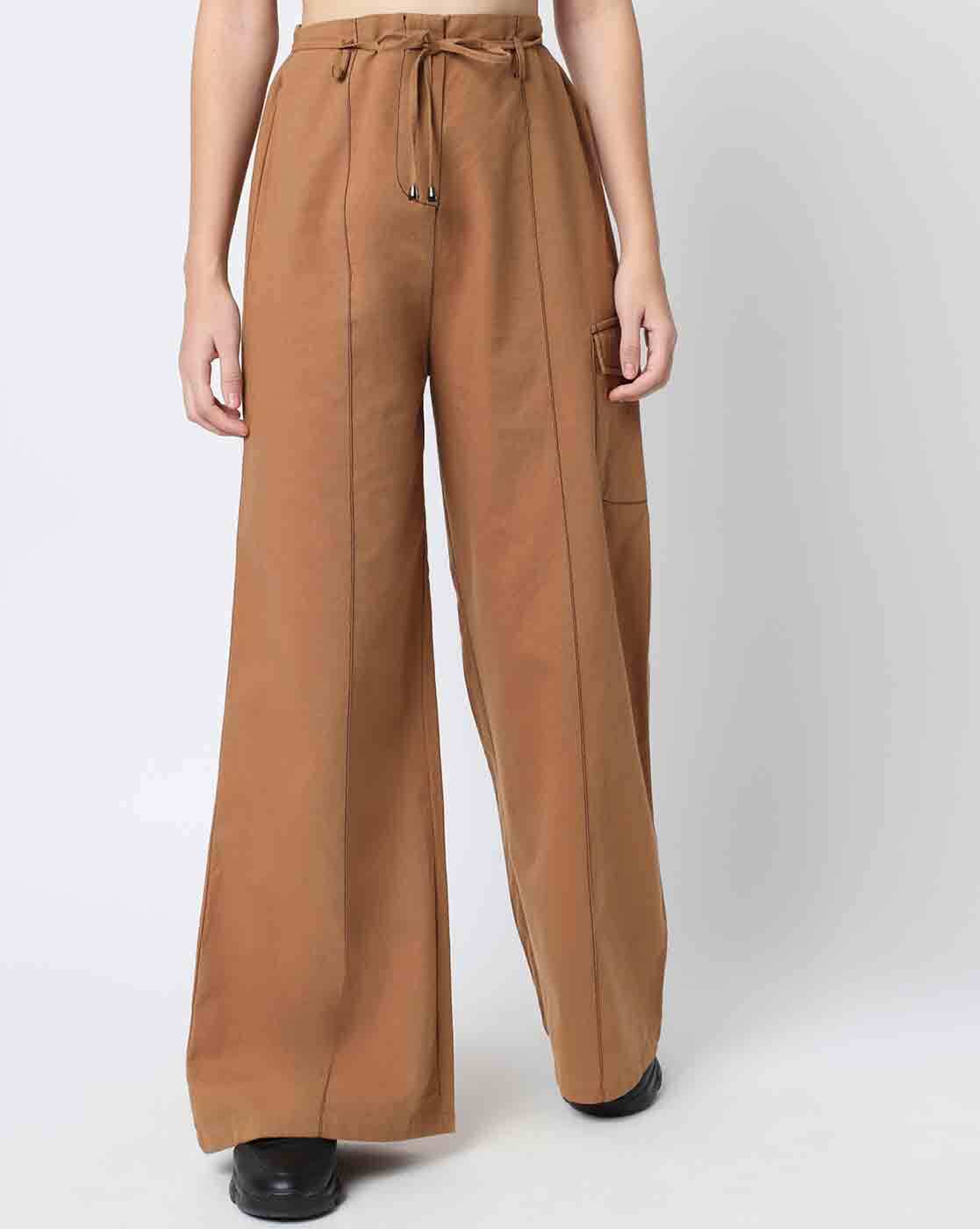 Buy FABALLEY Brown Solid Crepe Regular Fit Womens Wide Leg Trousers   Shoppers Stop