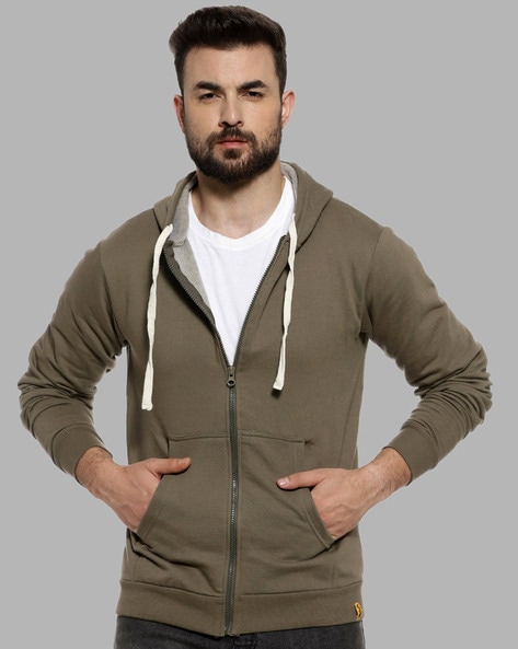 Buy Campus Sutra Men's Olive Green Solid Sweatshirt With Hoodie