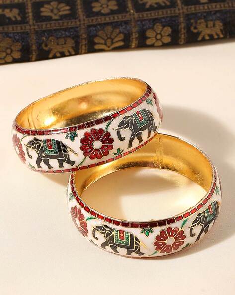 Buy Women's Set Of 2 Gold-Plated Stones Studded, Green Meenakari Bangles In  Floral Pattern online at Trendia
