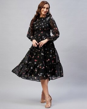 High neck shop black floral dress