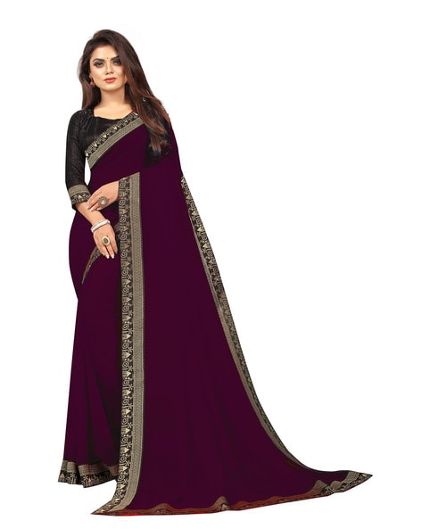 Buy Wine Threadwork Georgette Saree - Koskii