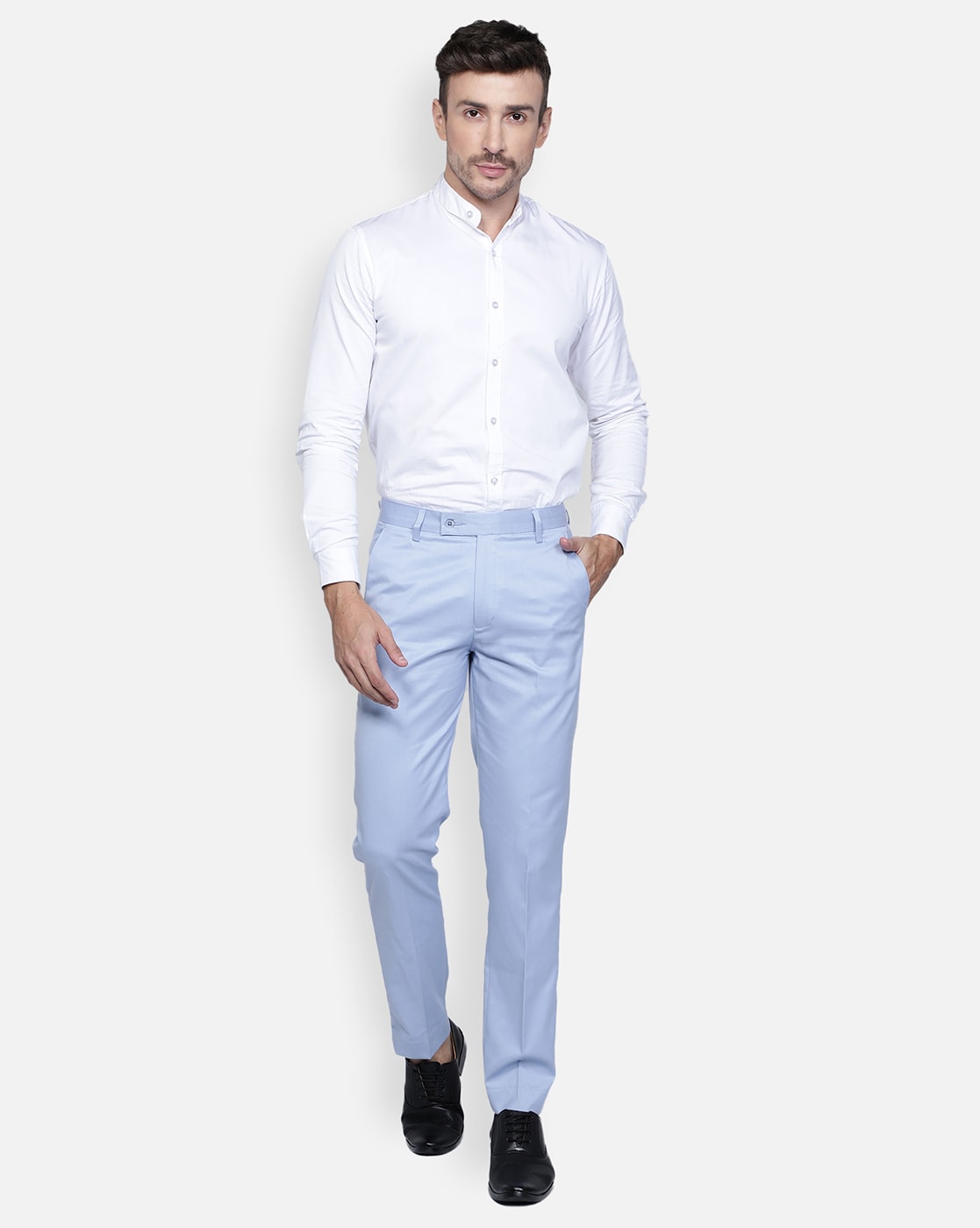 What colour pants go well with a light blue shirt for men  Quora