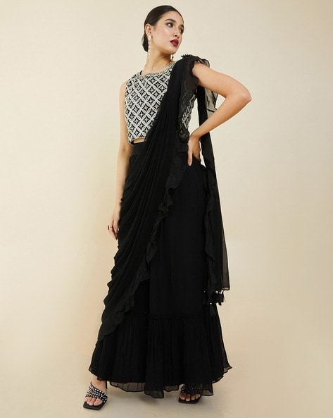 Buy Captivating Black Digital Printed Sartin Patta Border Designer Saree  Online | Lehenga-Saree