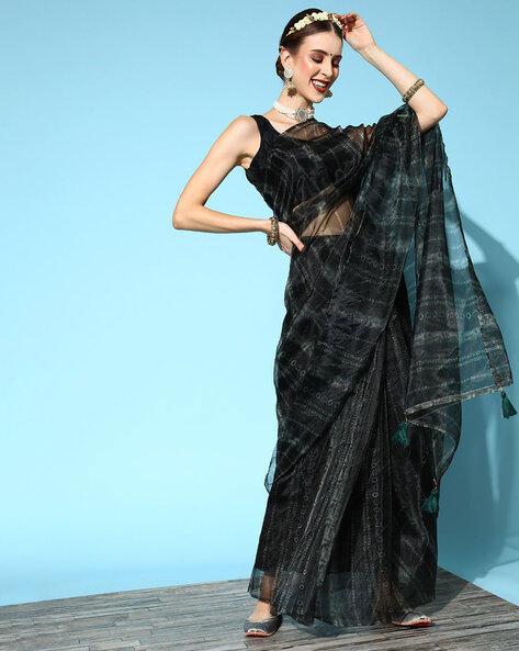 Buy Hand Embellished Black Organza Saree Online