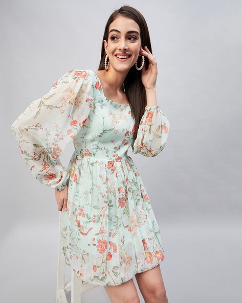 Buy Womens Dresses Casual Floral Print Ruffles Wrap Dress Long Sleeve Swing  Pleated Skater Mini Dress (Color : Blue, Size : L) Online at desertcartINDIA