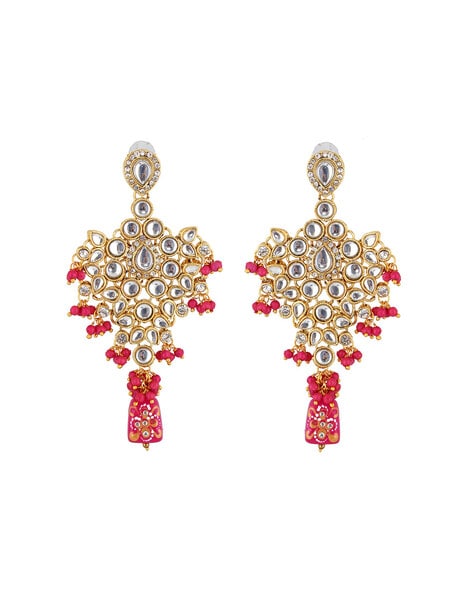 Stone Studded Earring - Beads Pearl Drop - Gold Plated - Rubber Closure  JWL83343-magenta