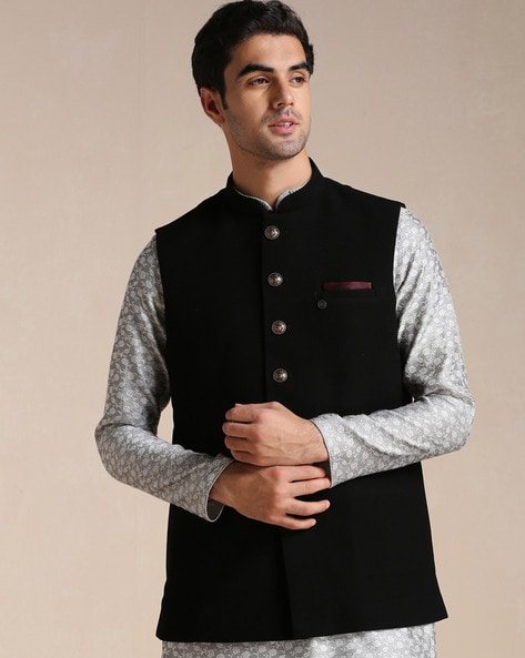 Solid Color Cotton Silk Nehru Jacket in Black : MTE217