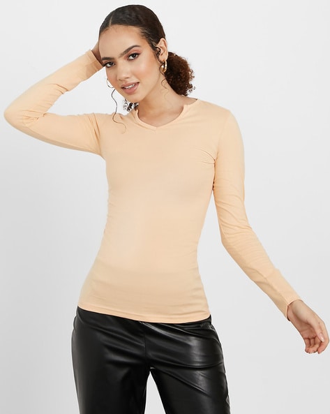 Basic Nude Longsleeve Fitted T Shirt