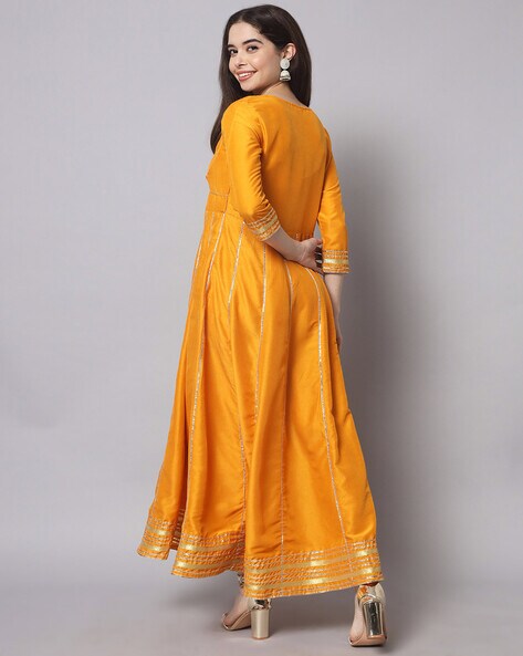 Mustard Yellow Faux Georgette Embroidered Gown