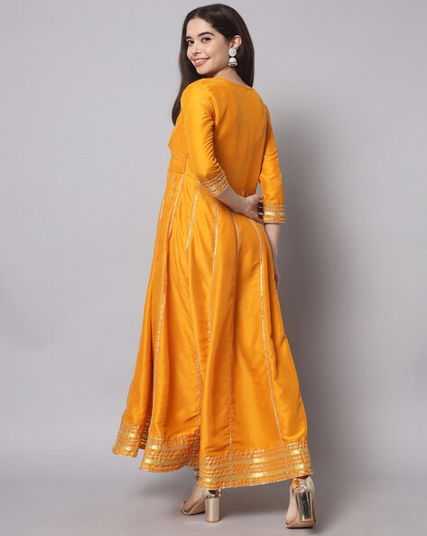 Mustard Yellow Faux Georgette Embroidered Gown