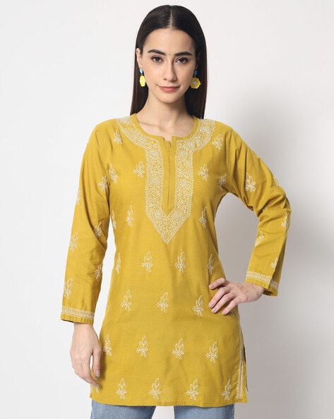 Women Cotton chikankari kurta kashmiri design handmade kurti Women cotton  dress(medium). Yellow, Yellow, Medium : : Clothing, Shoes &  Accessories