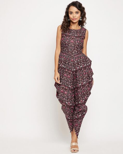 Buy Grey Polycrepe Printed Floral Dungaree Dhoti Jumpsuit With Top For  Girls by Pasha India Online at Aza Fashions.