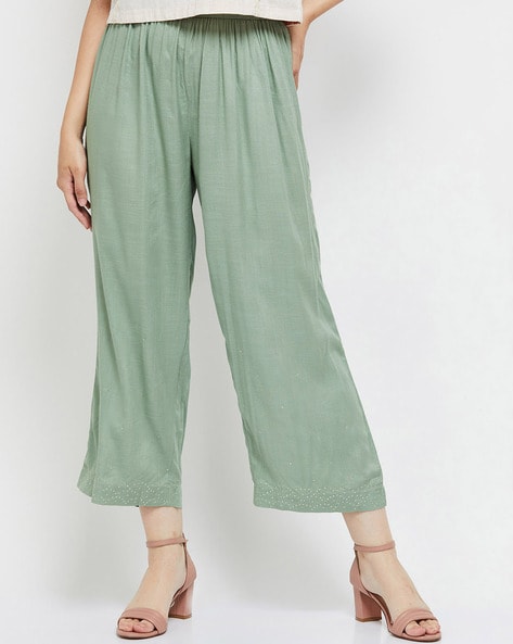 Buy Indya Women Border Printed Flared Palazzo Pants, Green, XS at Amazon.in