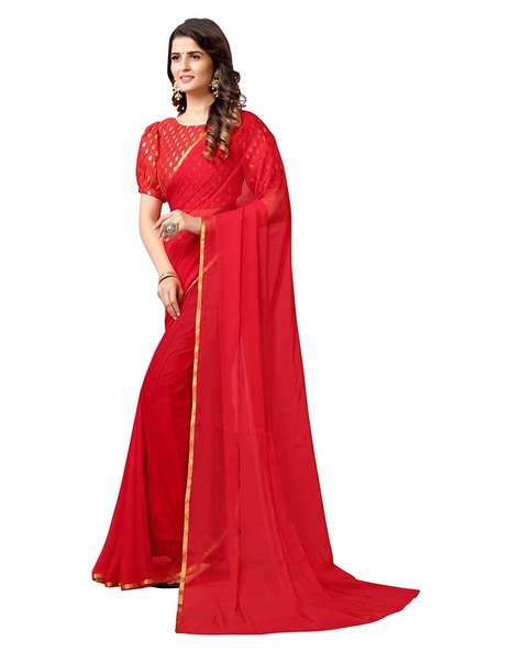 Buy VRAGI presents womens Zari Border printed Chiffon Saree With running  Blouse Piece for women (red) at Amazon.in