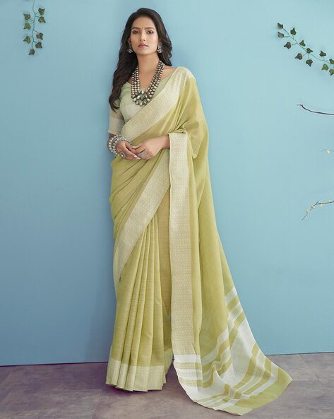 Buy Women Olive Green Pre-Stitched Saree Set With Floral Embroidered  Strappy Blouse - Hand Embroidered - Indya