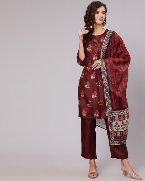 Maroon Colored Party Wear Golden Hand Work Rayon Kurti Pant With Dupat –  Apparel Designer