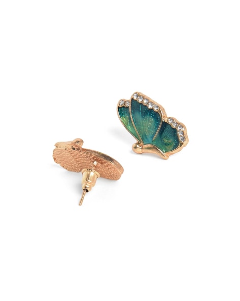 Gold Tone Blue Fabric Butterfly Earrings - 1XC5ZA