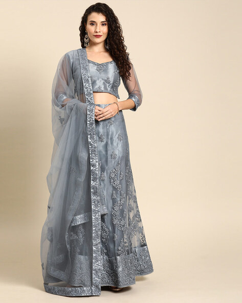 Silver Grey Net Party Wear Lehenga Choli with Dupatta Online FABANZA