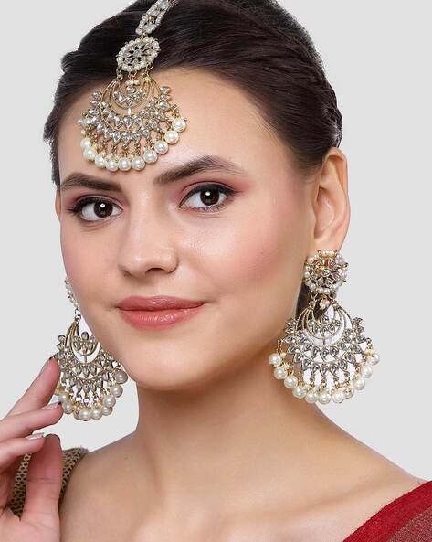 Kundan Gold Plated Earring Maang Tikka Set-Latest Maang Tikka – Niscka