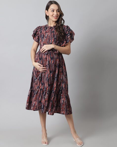Grey & White Floral Printed Cotton Maternity Dress