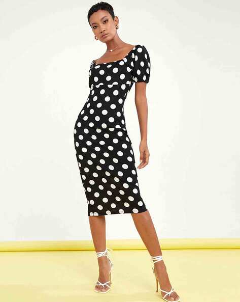 Square neck polka dot bodycon dress sale