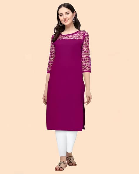ZELZIS Lace Pattern Round-Neck Straight Kurti